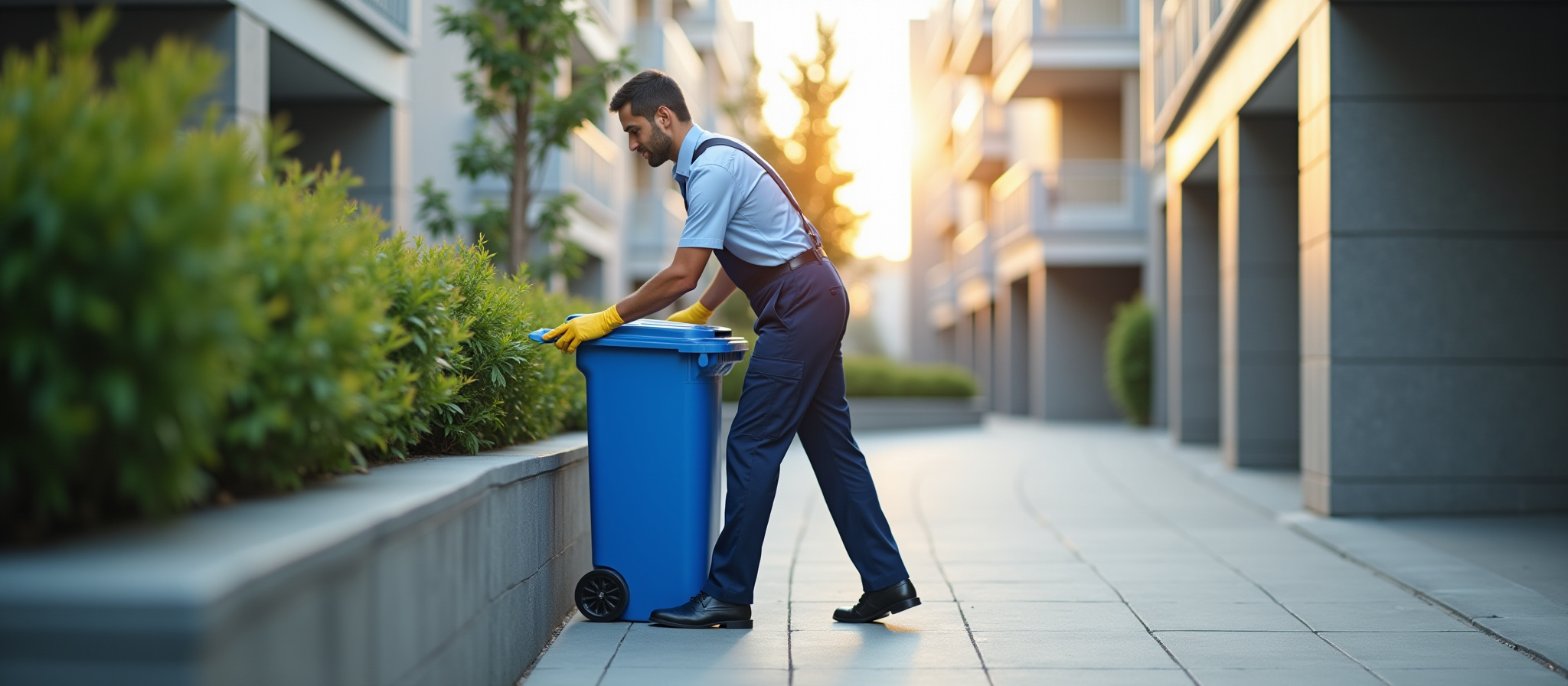 J3 technician rolling a bin along a clean apartment walkway in Dallas–Fort Worth